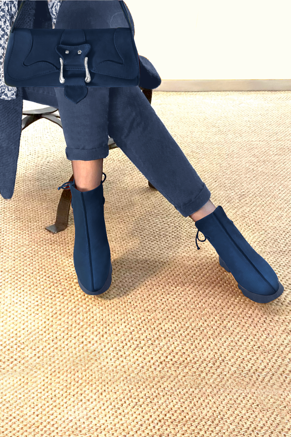 Navy blue women's ankle boots with laces at the back. Round toe. Low rubber soles. Top view - Florence KOOIJMAN